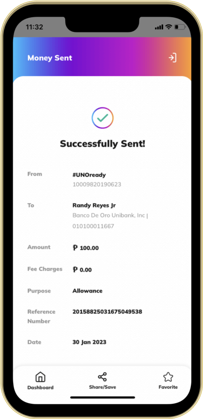User is notified of successful ‘Money Sent’ with details